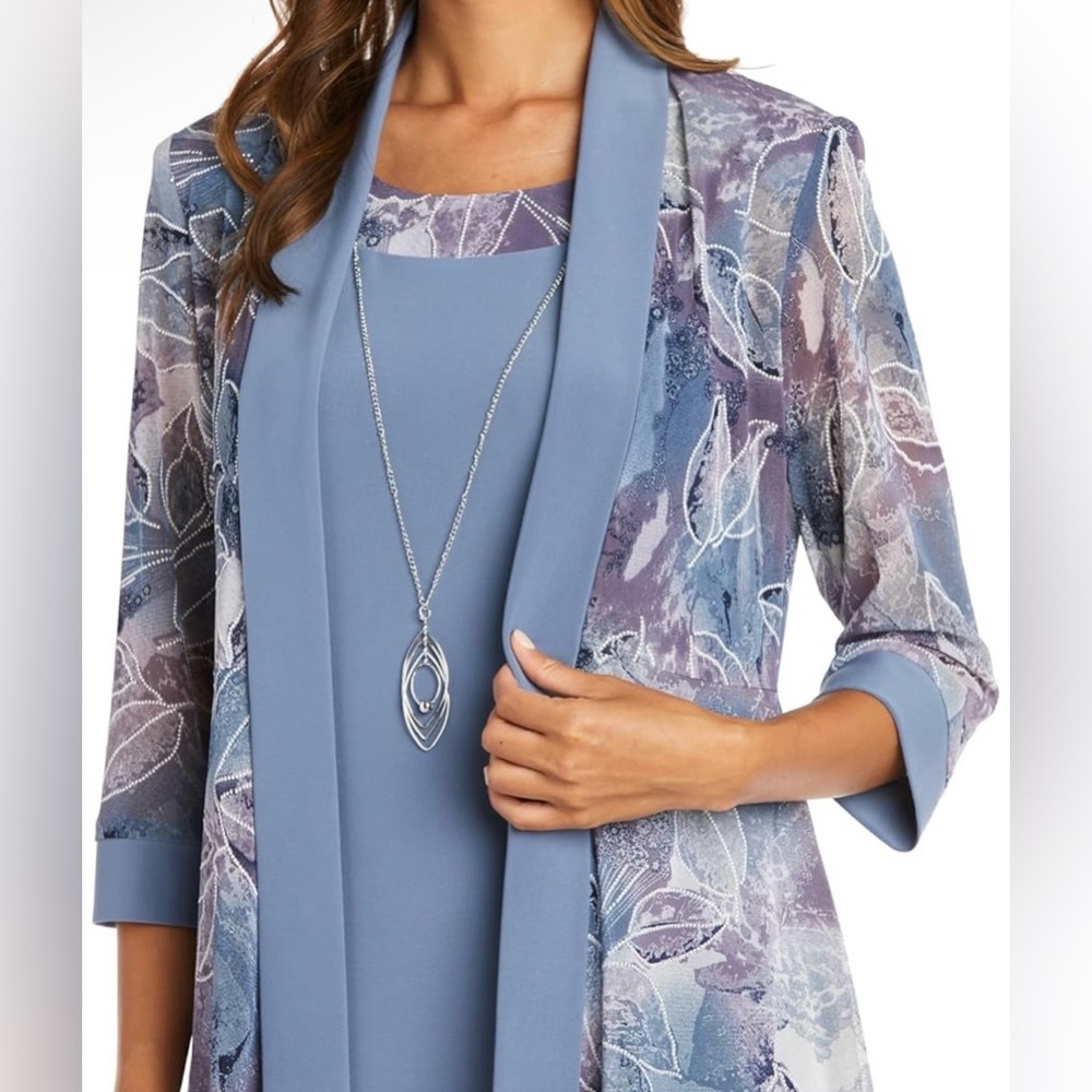 R&M Richards Women's 2-Piece Tank Dress W/Necklace & 3/4 Sleeve Sheer Jacket - Picture 8 of 9